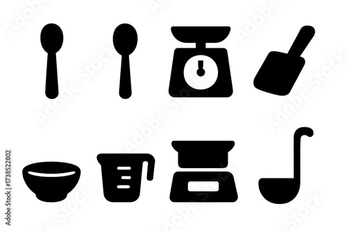 Black Line Seasoning Icons. Solid, filled icon set of seasoning measuring tools: teaspoon, tablespoon, scale, scoop, pinch bowl, measuring cup, digital scale,