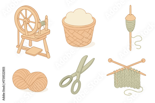 Fiber Art Icons. Isometric vector illustration set Handcrafted fiber art: spinning wheel yarn thread, basket with carded wool,