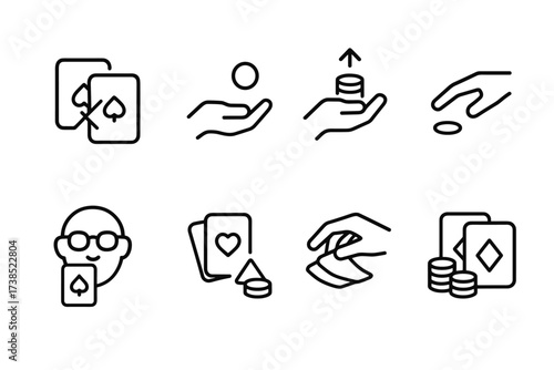 Poker Actions Icons. Outline icon set of poker actions: fold, call, raise, check, bluff, all-in, shuffle, deal. Line icons in only black color, consistent