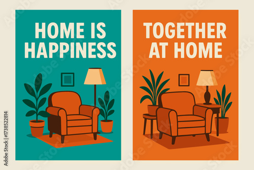 Cozy Living Room Banners. Home Comfort. Two vertical A6 banners, bold, turquoise and orange backgrounds, cozy living room scene with lamp and plants, first