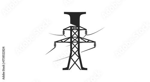 Monochrome minimalist vector illustration of a power transmission tower energy infrastructure