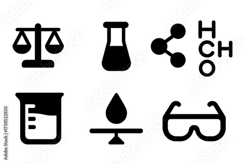 Chemical Icon Set. Solid, filled icon set of chemical balance: lab scale, test tube, molecule icon, chemical formula, beaker, droplet, balance beam, safety