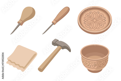 Isometric Copper Art Set. Isometric vector illustration set Decorative copper art: coppersmith metal tool etch, engraving burin,