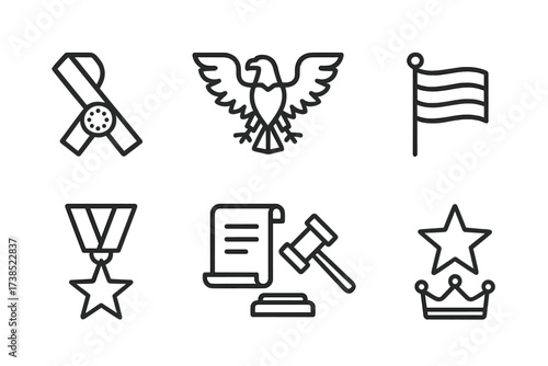 Presidential Icon Set. Outline icon set of presidential symbols: presidential sash, eagle, gavel, national flag, medal, scroll, star, crown. Line icons in only