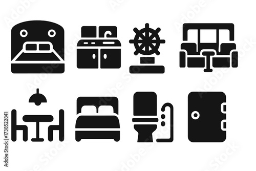Yacht Interiors Icons. Solid, filled icon set of yacht interiors: cabin, galley, lounge, helm, dining table, bed, bathroom, storage locker. Solid, filled icons
