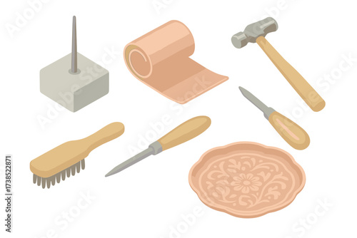 Metal Craft Essentials. Isometric vector illustration set Metal craft essentials: coppersmith metal tool etch, copper sheet roll,