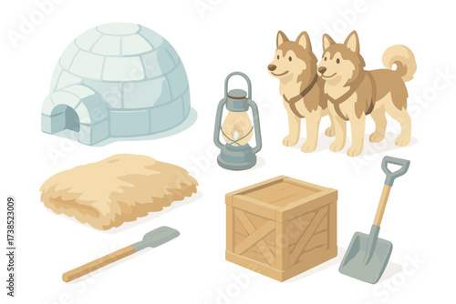 Arctic Living Essentials. Isometric vector illustration set Arctic living essentials: igloo ice block shelter, sled dogs, lantern,