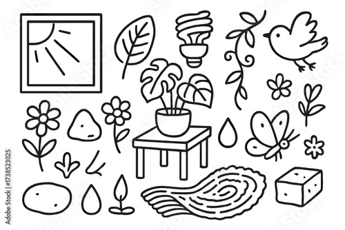 Nature-Inspired Indoor Elements. Hand-drawn doodle illustration Bringing outdoors inside indoor plant, leaf, sunlight, wooden furniture, stone, flower, vine,