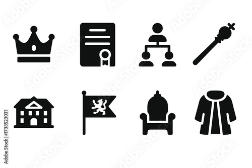 Heirloom Icons Set. Solid, filled icon set of heirdom: royal crown, inheritance deed, family tree, scepter, ancestral home, heraldic flag, throne, ceremonial