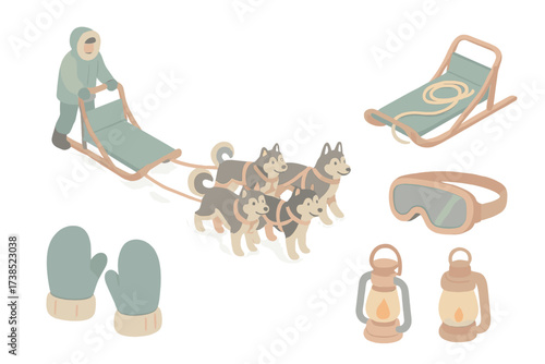 Frozen Trail Icons. Isometric vector illustration set Frozen trail expedition: dog sled mush snow, husky team, sled with rope,