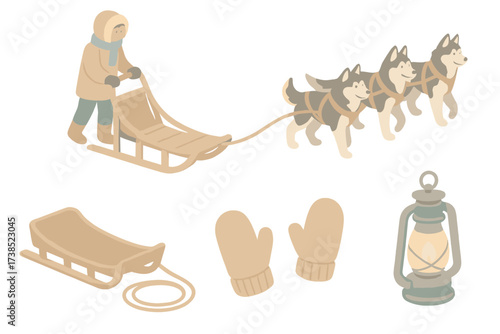 Frozen Trail Icons. Isometric vector illustration set Frozen trail expedition: dog sled mush snow, husky team, sled with rope,