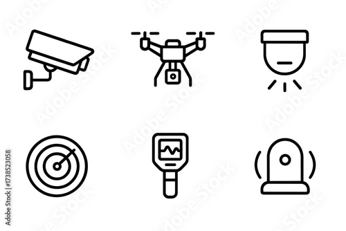 Health and Security Icons. Outline icon set of health inspection: stethoscope, thermometer, hospital building, gloves, mask, medical report, syringe, heart