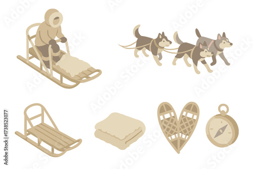 Arctic Transport Icons. Isometric vector illustration set Traditional Arctic transport: dog sled mush snow, sled dogs team, wooden