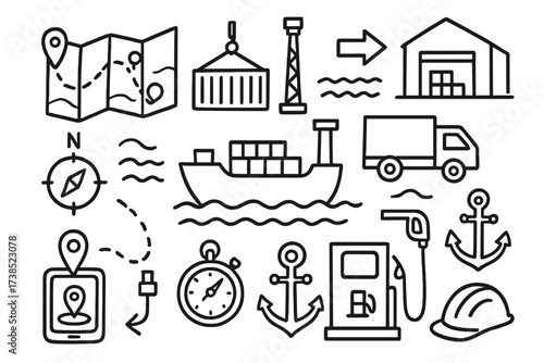 Shipping Logistics Icons. Hand-drawn doodle illustration shipping route cargo ship, container, map, compass, route line, crane, warehouse, truck, arrow, waves,