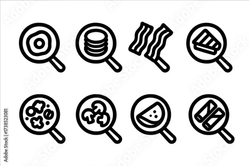 Frying Pan Icons. Solid, filled icon set of frying pan foods: fried egg, pancakes, bacon strips, grilled cheese, stir-fry veggies, sauteed mushrooms, omelette,