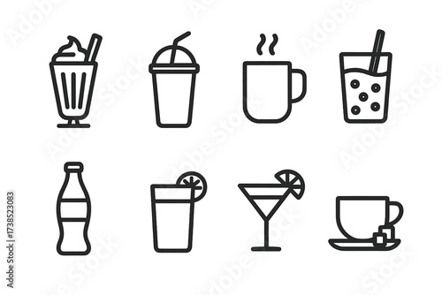 Sweet Drink Icons. Outline icon set of sweet drinks: milkshake, smoothie, hot chocolate, bubble tea, soda bottle, juice glass, cocktail, tea cup with sugar.