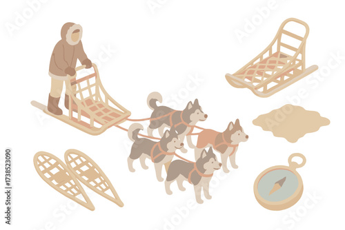 Arctic Transport Icons. Isometric vector illustration set Traditional Arctic transport: dog sled mush snow, sled dogs team, wooden