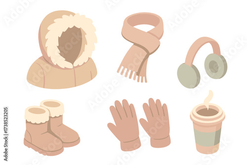 Winter Essentials Icons. Isometric vector illustration set Cold weather essentials: fur parka hood warm, scarf, boots, gloves,