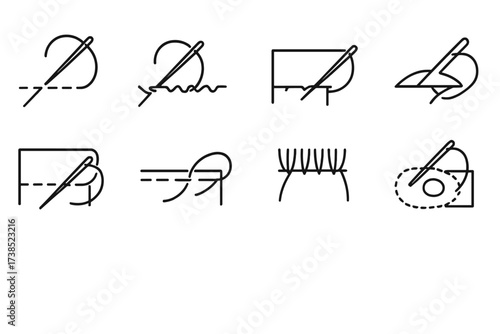 Sewing vs. Callus Care Icons. Outline icon set of hand sewing techniques: running stitch, backstitch, whip stitch, slip stitch, hemming, gathering stitch,