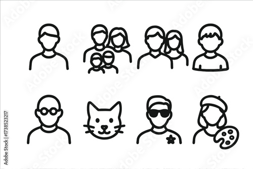 Portrait Icon Set. Outline icon set of portrait subjects: person, family, couple, child, elder, pet, celebrity, artist. Line icons in only black color,