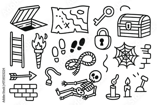 Trapdoor Adventure Icons. Hand-drawn doodle illustration trapdoor adventure trapdoor, map, key, lock, ladder, torch, footprints, chest, rope, spider web,