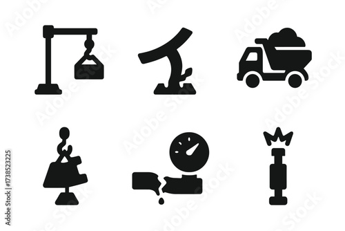 Mechanical Overload Icons. Solid, filled icon set of mechanical overload: overloaded crane, bent beam, broken gear, overloaded truck, lifting hook with weight,