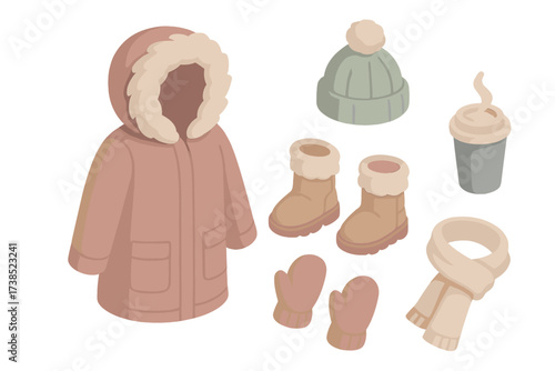 Icy Weather Outfits. Isometric vector illustration set Icy weather outfit: fur parka hood warm, winter boots, mittens, hot drink