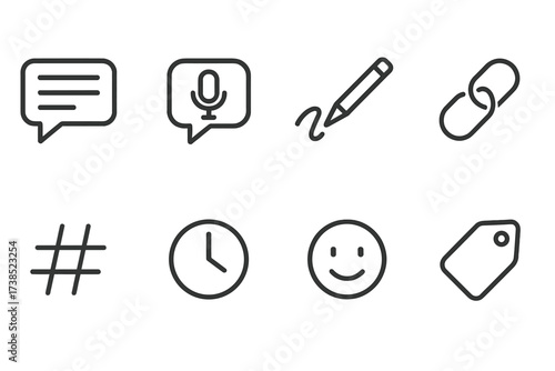 Annotation Icon Set. Outline icon set of annotation types: text note, voice comment, drawing mark, link, hashtag, timestamp, emoji, tag. Line icons in only