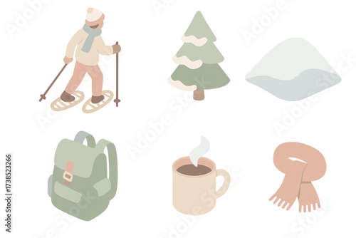 Snowy Outdoor Adventure. Isometric vector illustration set Snowy landscape journey: snowshoe walk distribute weight, pine tree,