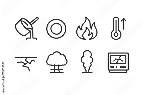 Melting Metal Icons. Outline icon set of heat and meltdown: melting metal, molten core, fire flames, thermometer rising, cracked surface, explosion cloud,