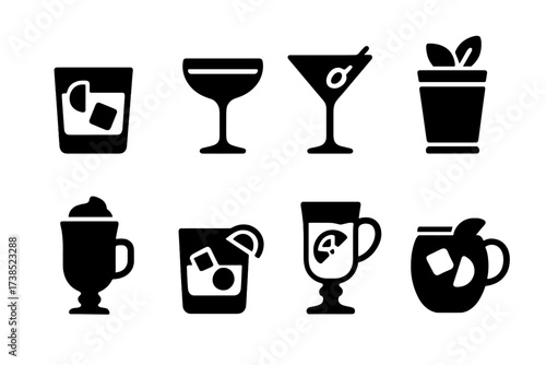 Whiskey Cocktails Icons. Solid, filled icon set of whiskey cocktails: old fashioned, whiskey sour, Manhattan, mint julep, Irish coffee, boulevardier, hot