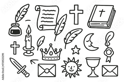 Medieval Icon Doodle. Hand-drawn doodle illustration Medieval manuscript writing quill, ink pot, parchment scroll, cross, book, candle, feather, seal, crown,