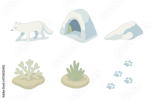 Arctic Fox Iconography. Isometric vector illustration set Cold climate hunter: arctic fox camouflage white, icy cave, snow ridge,