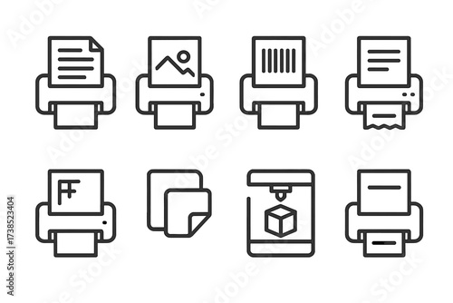 Printer Output Icons. Outline icon set of printer outputs: text document, photo print, barcode print, receipt print, blueprint, sticker, 3D print model, label