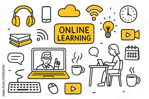 Virtual Learning Essentials. Online Learning. Hand-drawn doodle illustration online learning laptop (accented), headphones (accented), smartphone, cloud