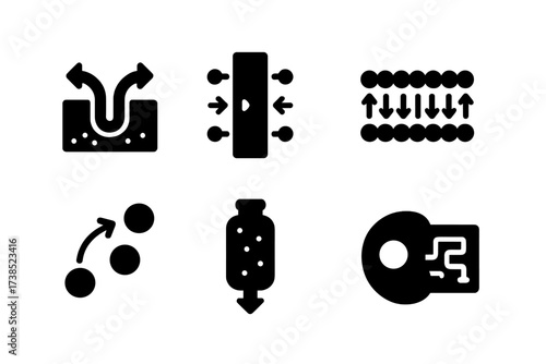 Ion Transportation Icons. Solid, filled icon set of ion transportation: ion pump, ion channel, membrane, electric field, diffusion path, ion exchange column,
