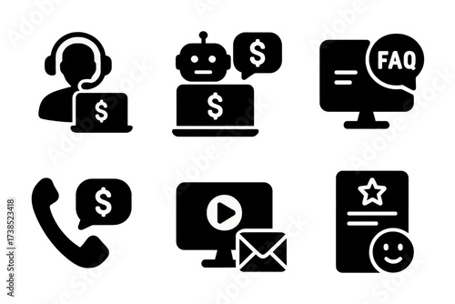 Online Support Icons. Solid, filled icon set of online banking support: help desk, chatbot, FAQ, live chat, phone support, email support, tutorial, feedback