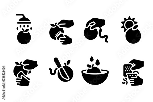Orange Peel Care Icons. Solid, filled icon set of orange peel cleaning and care: washing orange, cleaning peel, removing pith, drying peel, polishing peel,