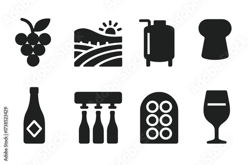 Champagne Icons Grid. Solid, filled icon set of champagne production: grape bunch, vineyard, fermentation tank, cork, label, bottling machine, cellar, tasting
