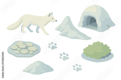 Arctic Fox Iconography. Isometric vector illustration set Cold climate hunter: arctic fox camouflage white, icy cave, snow ridge,
