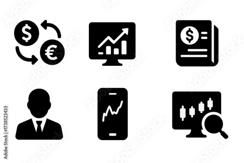 Exchange Rate Platform Icons. Solid, filled icon set of exchange rate platforms: forex exchange, trading platform, currency converter, financial news, broker,