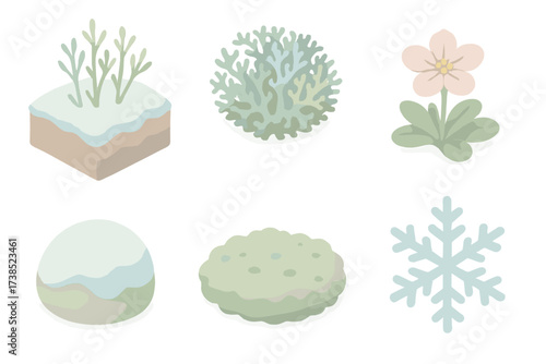 Arctic Permafrost Icons. Isometric vector illustration set Arctic permafrost nature: frozen tundra permafrost plant, reindeer moss