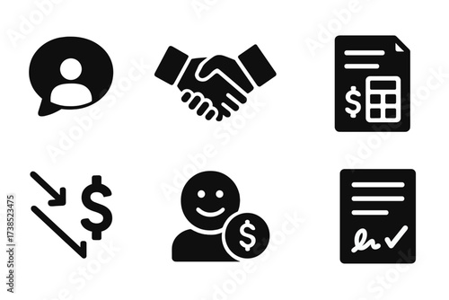 Financial Counseling Icons. Solid, filled icon set of financial counseling: advice bubble, handshake, calculator, budget sheet, debt reduction, happy customer,