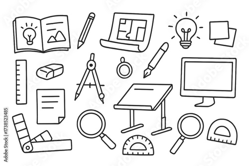 Creative Sketch Tools. Hand-drawn doodle illustration creative draft sketchbook, pencil, ruler, blueprint, light bulb, eraser, drafting pen, paper sheet,