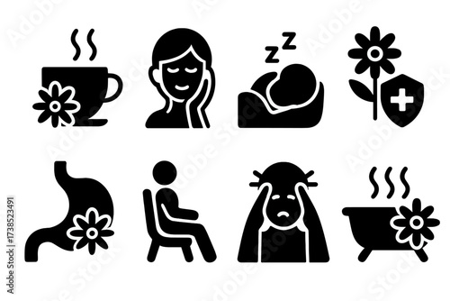 Chamomile Benefits Icons. Solid, filled icon set of chamomile uses: herbal tea, skin soothing, sleep aid, anti-inflammatory, digestive relief, relaxation,