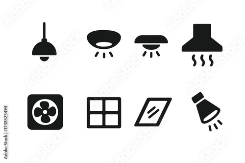 Kitchen Lighting Icons. Solid, filled icon set of kitchen lighting and ventilation: pendant lamp, ceiling light, under-cabinet light, range hood, exhaust fan,
