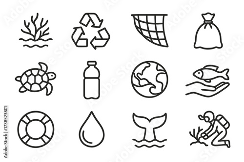Ocean Conservation Icons. Ocean conservation. Line icon set of ocean conservation: coral reef, recycling sign, fish net, trash bag, sea turtle, plastic bottle,