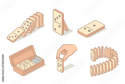 Domino Chain Reaction. Isometric vector illustration set Chain reaction pieces: domino tile line fall, first tile tipping, final