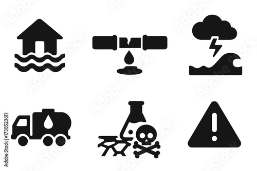Water Emergency Icons. Solid, filled icon set of water emergencies: flood icon, broken pipe, water leak, storm surge, emergency water truck, drought icon,