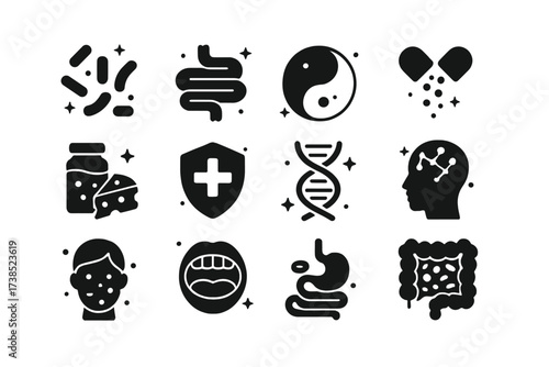 Human Microbiome Icons. Human microbiome and its impact on health. Solid icons set of gut bacteria, healthy intestine, microbiome balance, probiotic capsule,